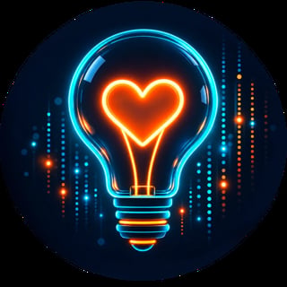 Neon light bulb with glowing orange heart shape inside, surrounded by cyan and orange digital dots on dark blue background